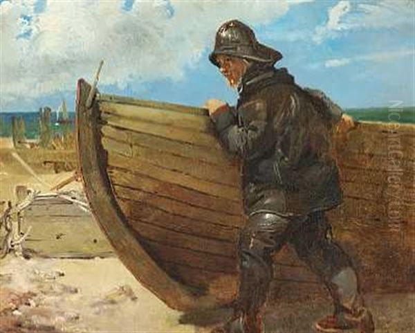 Fisker Ved Sin Bad Oil Painting by Holger Roed