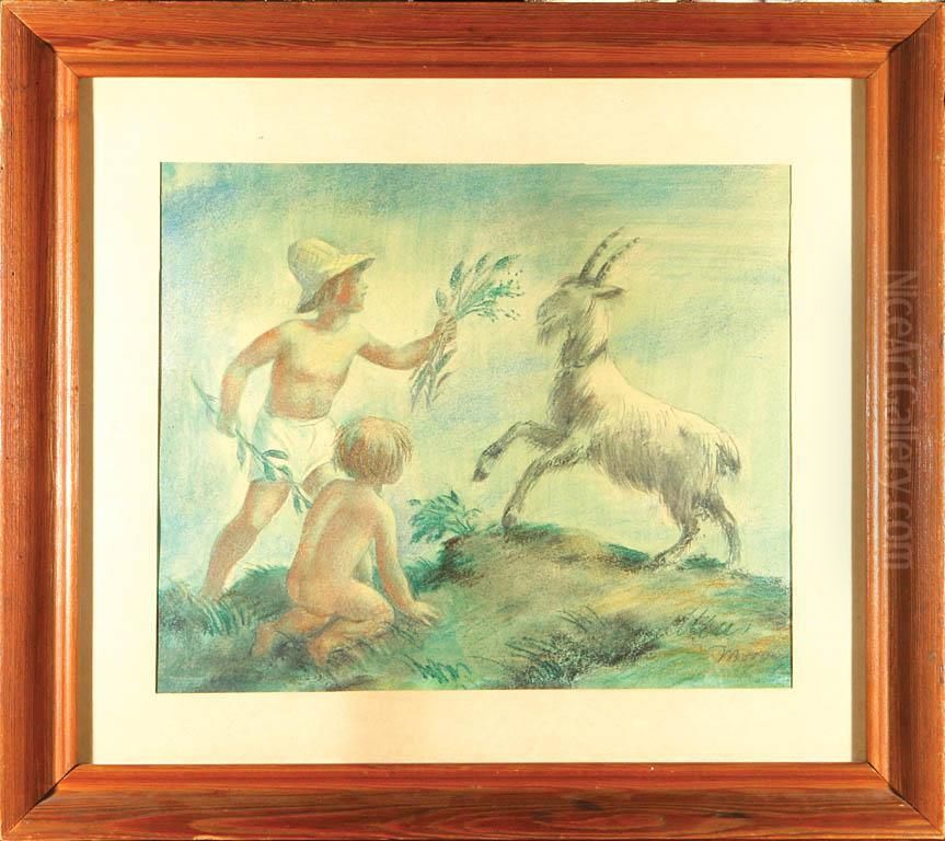 Dzieci Bawiace Sie Z Kozlem Oil Painting by Waclaw Borowski
