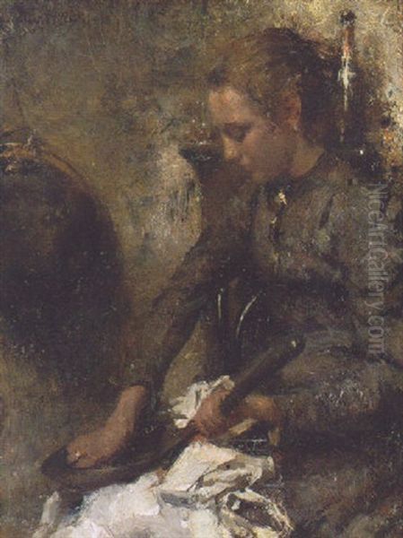 A Woman Cleaning A Pan Oil Painting by Otto Willem Albertus Roelofs