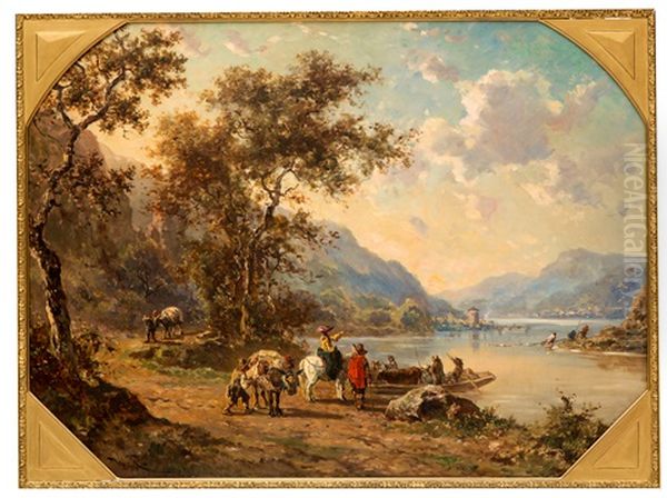 Rijnlandschap Met Figuren En Vee Bij Veerpontje Oil Painting by Willem Roelofs