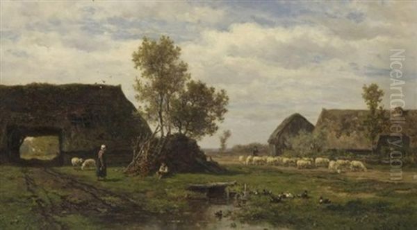 A Farmyard Scene Oil Painting by Willem Roelofs
