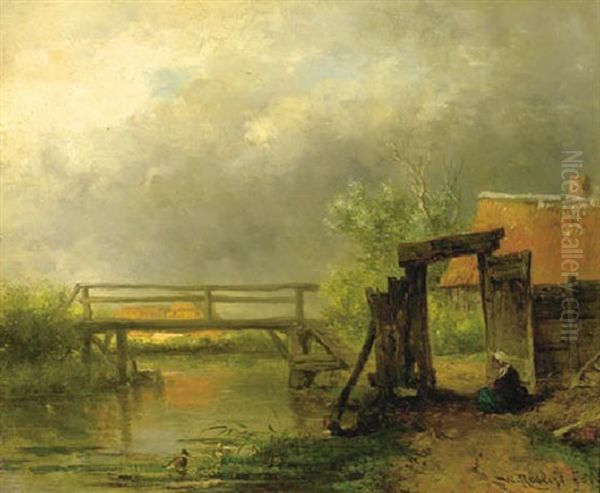 After The Rain: A Footbridge Across A Ditch Oil Painting by Willem Roelofs
