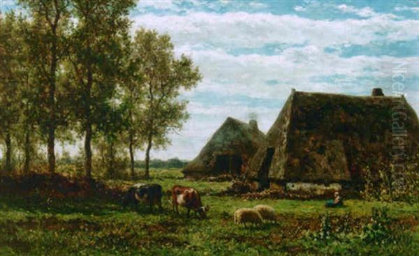 A Summer Landscape With Farms, Drente Oil Painting by Willem Roelofs