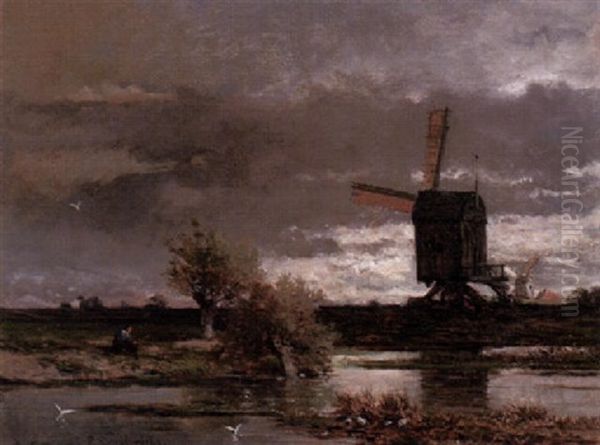 Fluslandschaft Mit Angler, Auf Einer Bank Sitzend Oil Painting by Willem Roelofs