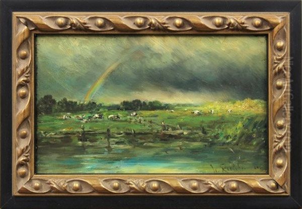 Landscape With Rainbow And Cattle Oil Painting by Willem Elisa Roelofs