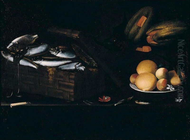 Still Life Of Fish And Squid In A Basket, Oranges And Peaches On A Plate, Together With Melons And A Knife, Arranged Upon A Table-top Oil Painting by Giovanni Battista Borra