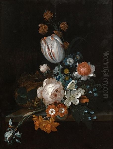 Bouquet De Fleurs Et Nid D'oiseau Sur Un Entablement Oil Painting by Coenraet Roepel