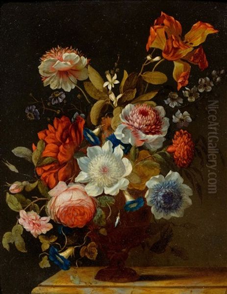Bouquet Of Flowers In A Vase On A Marble Table Oil Painting by Coenraet Roepel