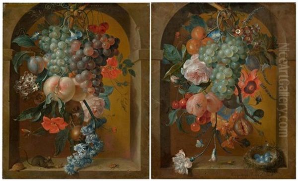 Pair Of Works: Still Life Of Flowers With A Mouse / Still Life Of Flowers With A Bird's Nest Oil Painting by Coenraet Roepel