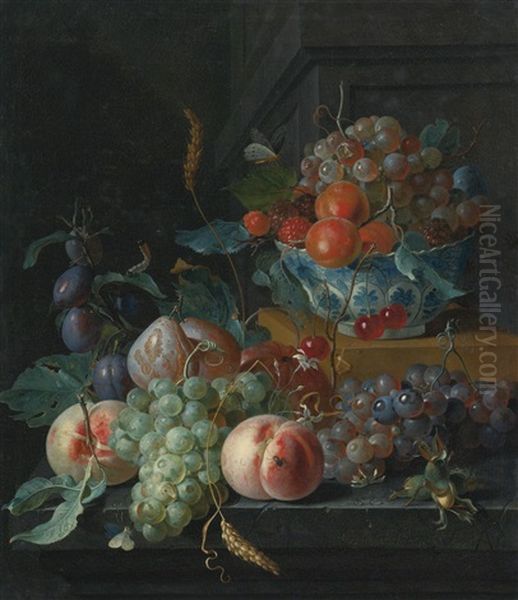 Still Life Of Fruit On A Ledge And In A Blue And White Porcelain Bowl Oil Painting by Coenraet Roepel