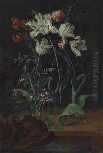 Parrot Tulips, Carnations, Turk-cap Lilies And Other Flowers With A Snail, A Frog And Insects By A Fountain With A Sculpted Dolphin Oil Painting by Coenraet Roepel