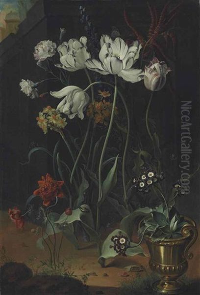 Parrot Tulips, Narcissi, Carnations And Other Flowers, With Primroses In A Bronze Urn Oil Painting by Coenraet Roepel