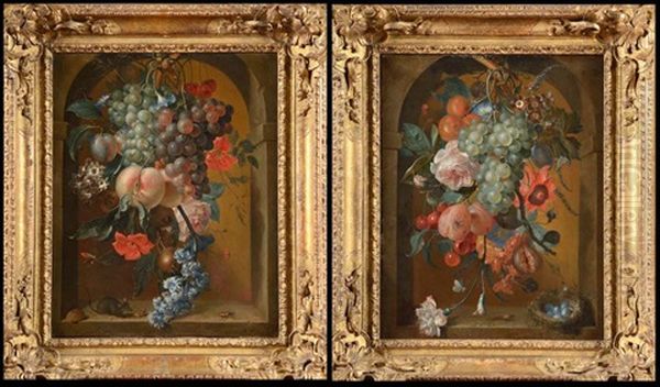 Chute De Fleurs Et De Fruits Dans Une Niche A La Souris Et Au Scarabee Et Chute De Fleurs Et De Fruits Dans Une Niche Au Nid (2 Works) Oil Painting by Coenraet Roepel