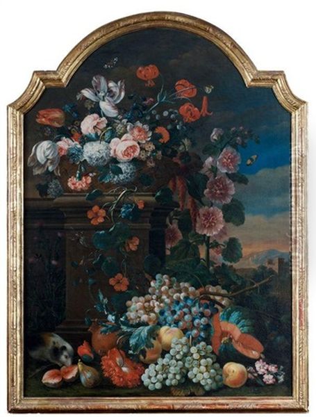 Nature Morte De Fleurs Et De Fruits Dans Un Paysage Oil Painting by Coenraet Roepel