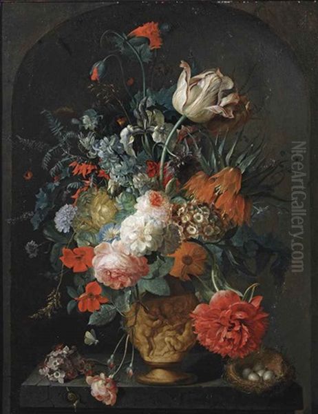 Roses, Tulips, Anemones, Irises, Ranunculus, A Larkspur, A Hyacinth, Auricula, A Peony, A Crown Imperial Lily And Other Flowers In A Sculpted Vase, With A Snail And A Bird's Nest On A Pedestal In A Stone Niche Oil Painting by Coenraet Roepel