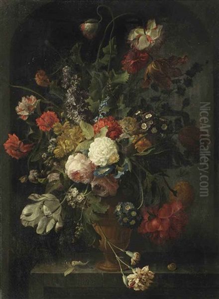 Violets, Pink And White Roses, Carnations, Tulips, Blue Morning Glory, A Peony, A Hyacinth And Various Other Flowers In A Vase, On A Stone Ledge With A Pupa And A Snail Oil Painting by Coenraet Roepel