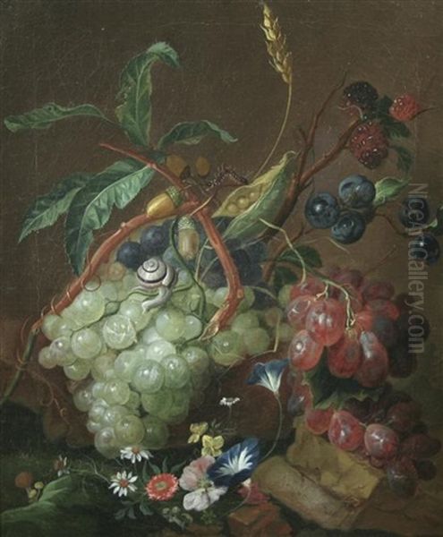 Still Life Of Grapes, Wheat, Acorns, Flowers And A Snail Oil Painting by Coenraet Roepel
