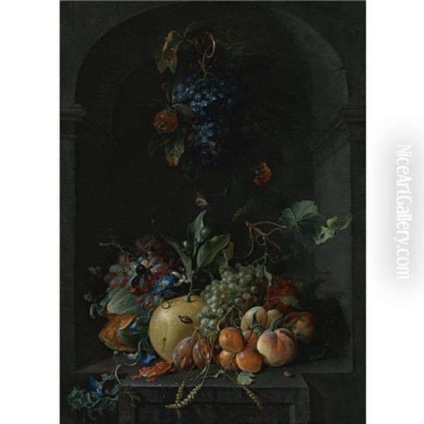 Still Life Of Grapes, Melons, Peaches, Plums And Other Fruit With Morning Glory And Shafts Of Wheat In A Stone Niche, With A Bunch Of Grapes And Medlars Hanging Above Oil Painting by Coenraet Roepel