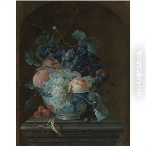 Still Life With Grapes, Cherries, Peaches And A Fig In A Porcelain Bowl Resting On A Ledge Before A Stone Niche Oil Painting by Coenraet Roepel