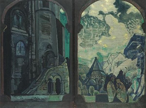 Stage Design For Tristan And Isolde (diptych) Oil Painting by Nikolai Konstantinovich Roerich