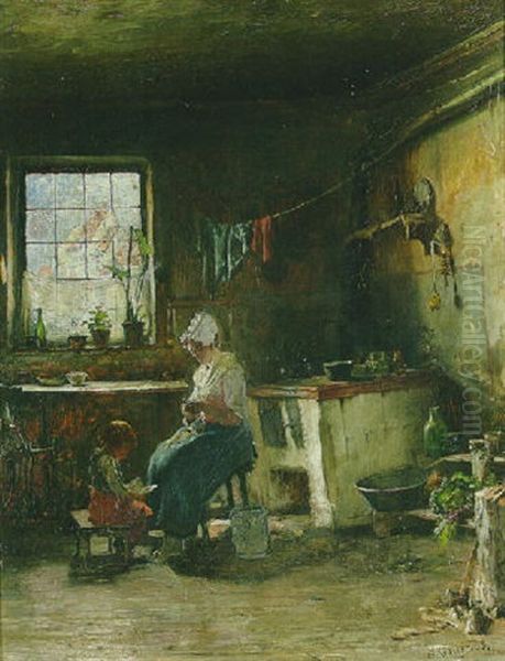 Domestic Bliss Oil Painting by August Roeseler