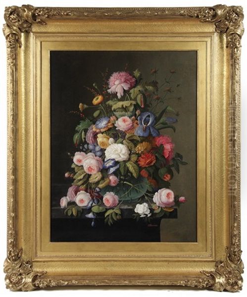 Sumptuous Floral Still Life Of Spring Flowers In Glass Vase On Marbletop Table Oil Painting by Severin Roesen