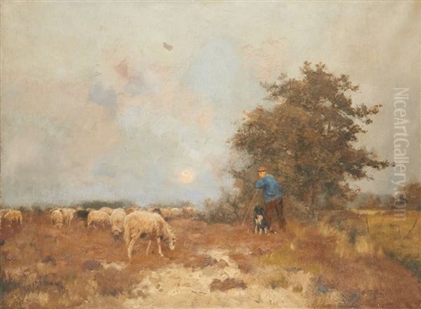 Berger Et Son Chien Au Coucher Du Soleil Oil Painting by Louis Albert Roessingh