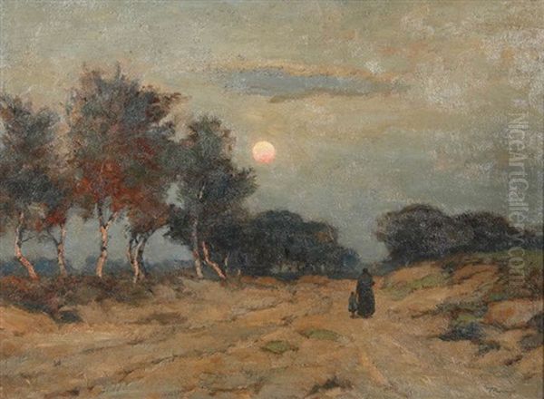 Personnages Se Promenant A La Fagne Au Coucher De Soleil Oil Painting by Louis Albert Roessingh