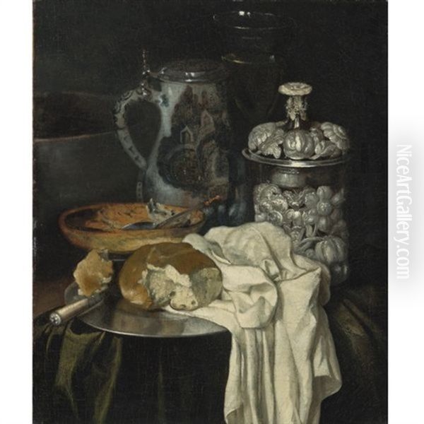 Still Life With A Beer Tankard, A Wine Glass, A Silver Vessel And Bread On A Pewter Plate, With Other Objects On A Draped Table Oil Painting by Pieter Gerritsz van Roestraten