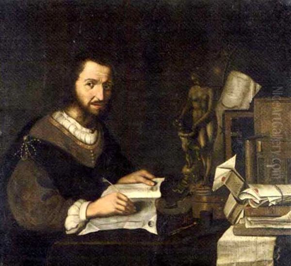 Portrait Of A Connoisseur, Seated At A Desk, With Manuscripts, A Statuette Of Venus And Cupid, And Scientific Instruments Oil Painting by Pieter Gerritsz van Roestraten