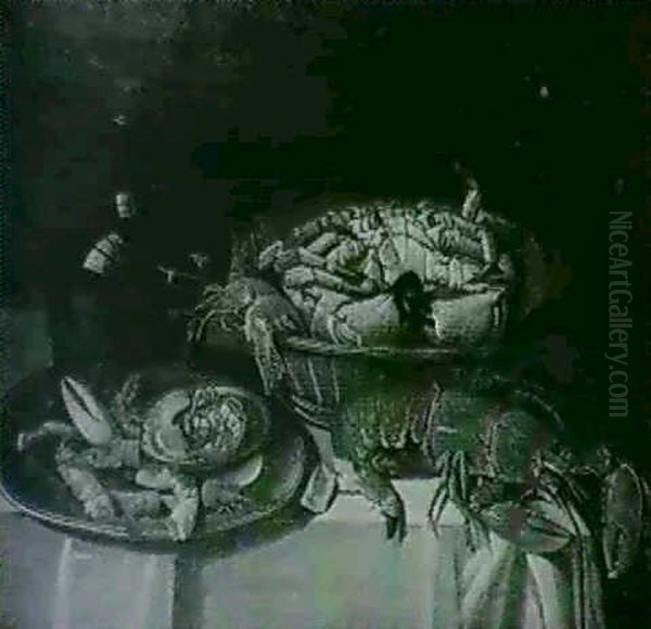 A Still Life Of Shellfish Arranged In Pewter Dishes Upon A  Table Draped With A White Cloth... Oil Painting by Pieter Gerritsz van Roestraten
