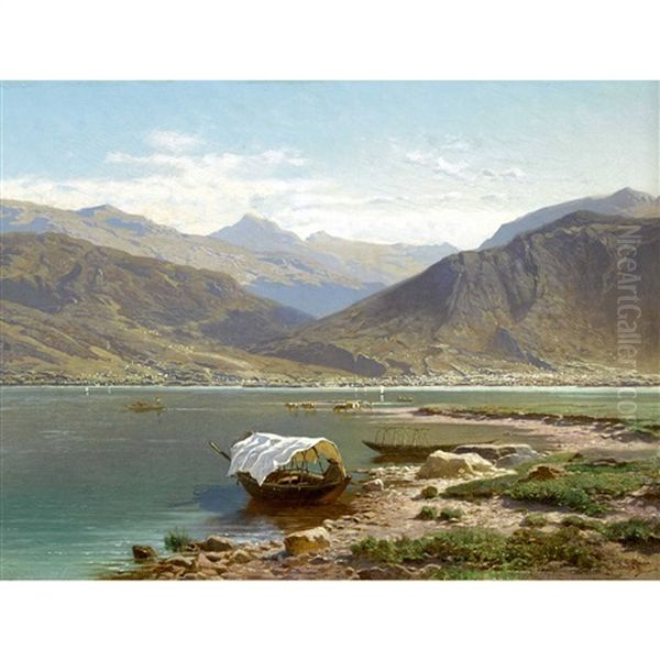 Vue Prise Au Bord Du Lac Majeur A Magadino Oil Painting by Jean Francois Xavier Roffiaen