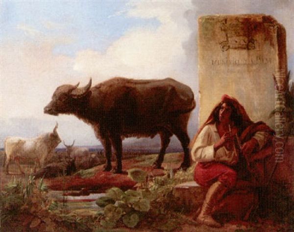 Landscape With A Piper Attending His Cattle And Buffalo Oil Painting by Adolphe Roger