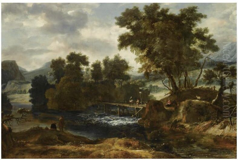A River Landscape With Travellers Crossing A Wooden Bridge And Two Fishermen On The Nearside Riverbank Oil Painting by Roelant Roghman