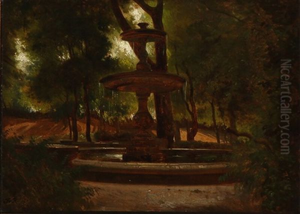 A Fountain In An Overgrown Park Oil Painting by Frederik Rohde