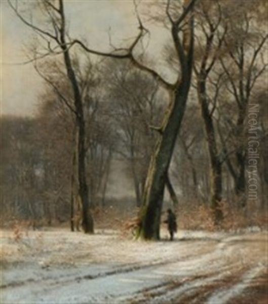 A Winter Scenery With A Hunter Looking At Two Deers Oil Painting by Frederik Rohde