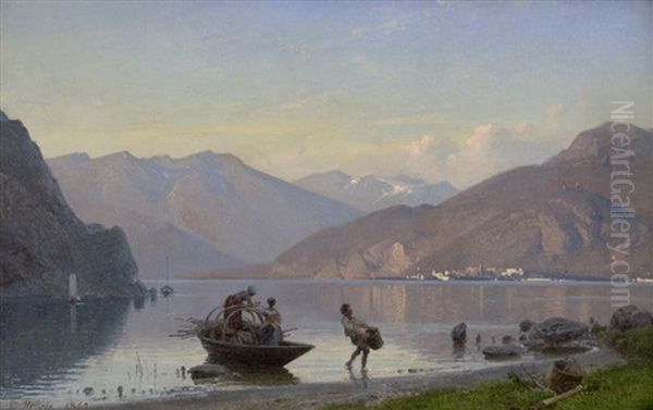 Abendstimmung Am Lago Di Garda Mit Reisig Sammelnden Bauern Oil Painting by Frederik Rohde