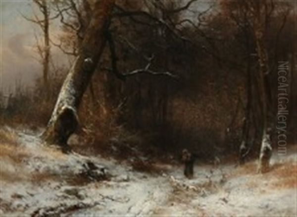A Woman Gathering Firewood In A Snowy Forest Oil Painting by Frederik Rohde