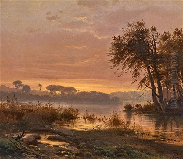 Flusslandschaft Im Abendlicht Oil Painting by Frederik Rohde