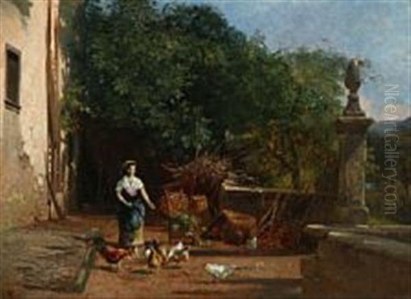 An Italian Lady Is Feeding The Hens Oil Painting by Frederik Rohde