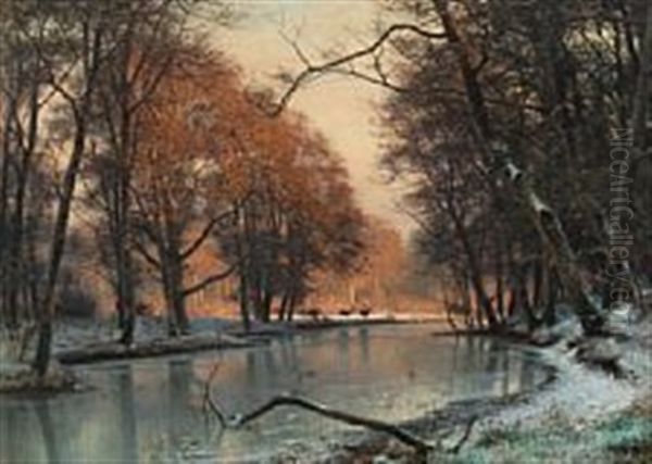 Winter Landscape With Deer By A Lake Oil Painting by Frederik Rohde
