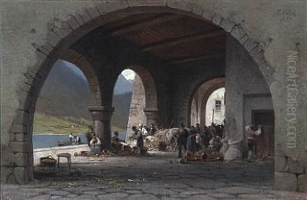 A Busy Market Day By The Lake, Presumably In Ascona, Switzerland Oil Painting by Frederik Rohde