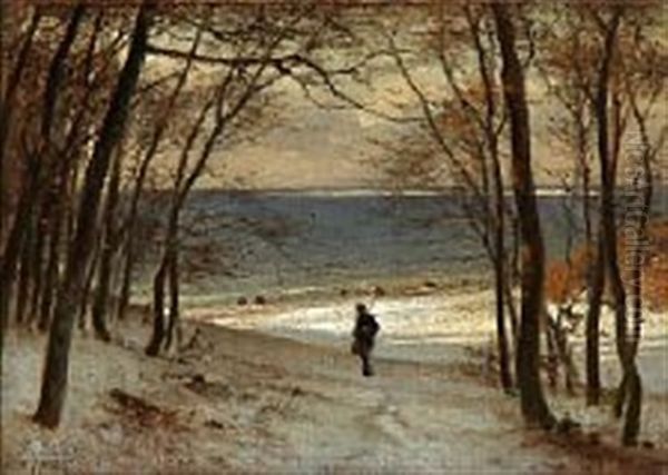 A Walking Hunter In A Snowy Landscape With A Fiord In The Background Oil Painting by Frederik Rohde