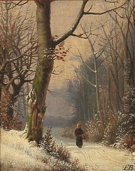 Snowy Forest Road With A Woman Oil Painting by Frederik Rohde
