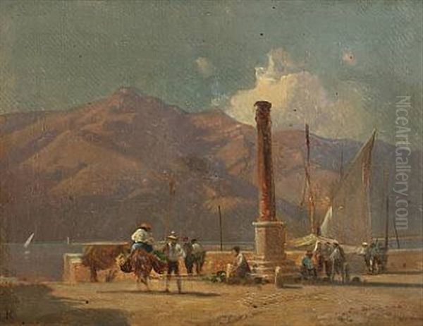 Scenery From Lake Garda With People By A Column Oil Painting by Frederik Rohde