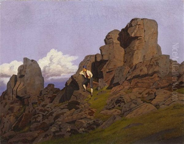 Mountain Landscape With Huntsman Oil Painting by Frederik Rohde