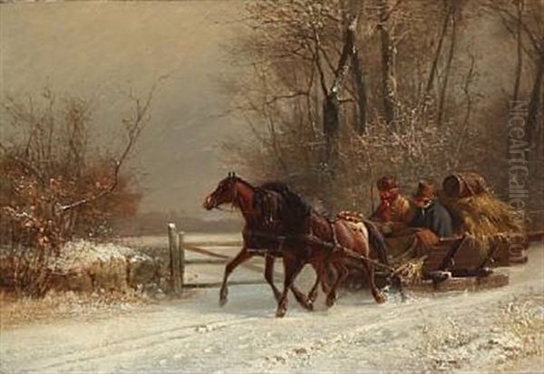 A Horse Sledge In A Winter Landscape Oil Painting by Frederik Rohde