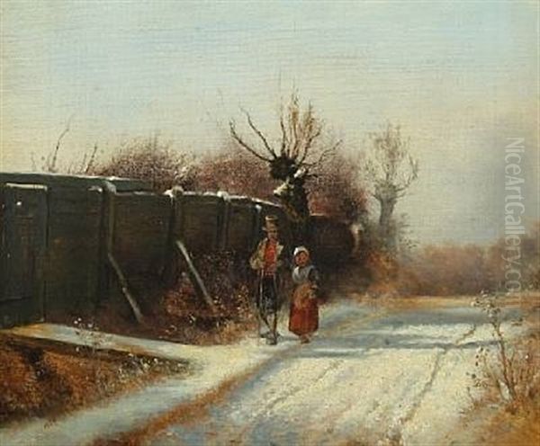 Winterscape With Persons Walking Along A Fence Oil Painting by Frederik Rohde