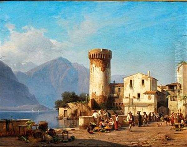 View Of A Town At A Lake Surrounded By Mountains, Northern Italy Oil Painting by Frederik Rohde
