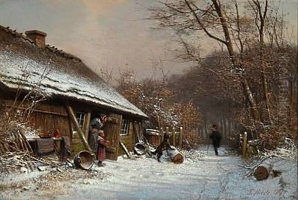 Winter Day In The Woods. A Visitor Is Being Welcomed By A Family In A Thatched House Oil Painting by Frederik Rohde
